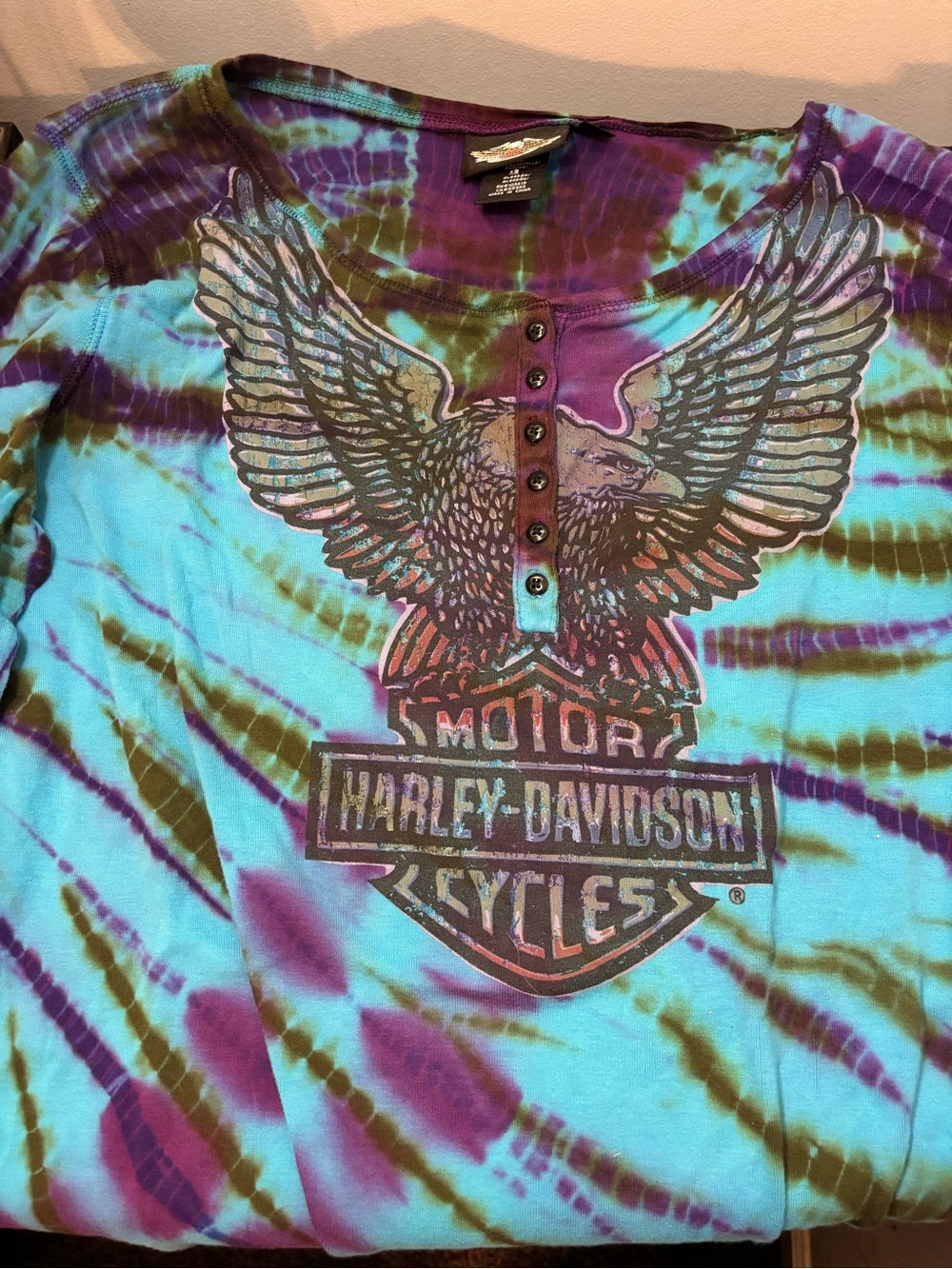 Harley-Davidson Tie-Dye Henley Tee - Turquoise, Purple & Olive